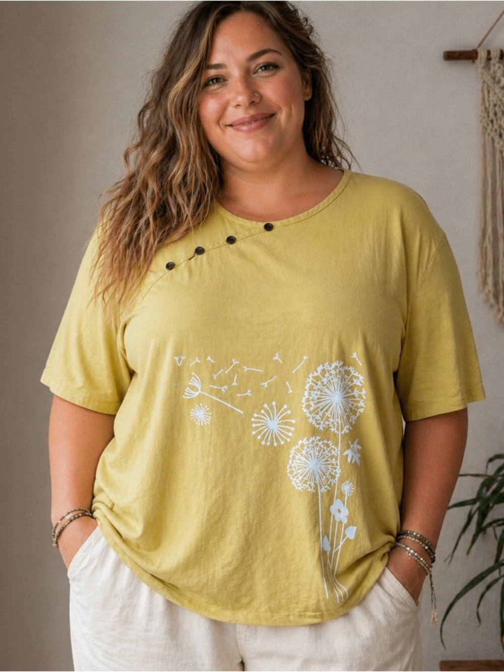 Womens 3XL Linen Cotton Blend Tunic Dandelion Print Boho Hippie Vacation Resort